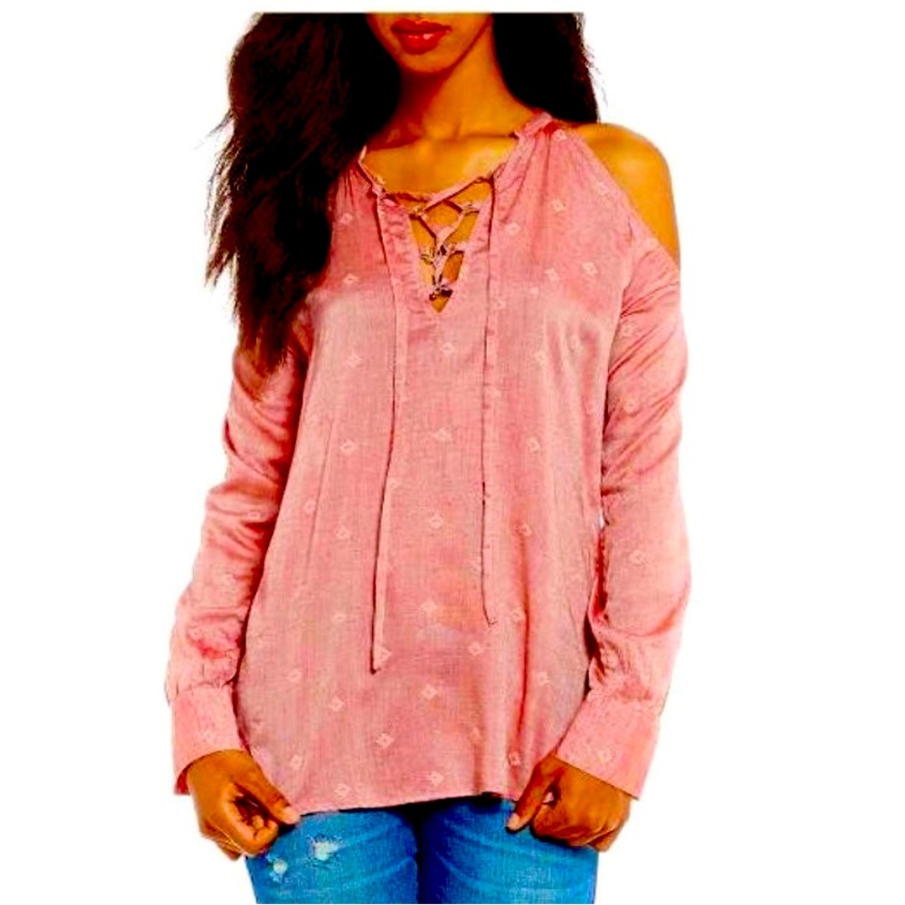 William Rast cold shoulder top with lace up neckline